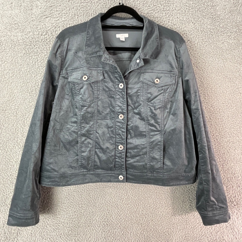 J. Jill Trucker Jacket Womens Large Gray Blue Cotton Modal Velour Coastal Casual